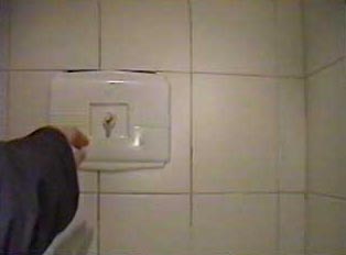 Button for flushing the toilet on the wall above