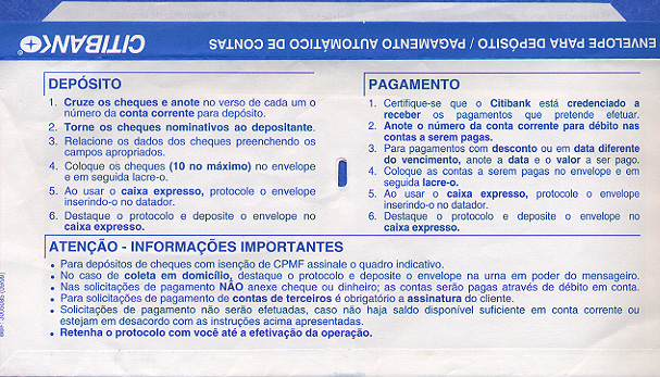 Back of a deposit envelope with instructions