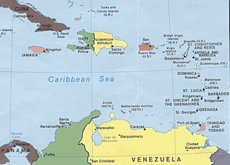 Map of Martinique in the Caribbean