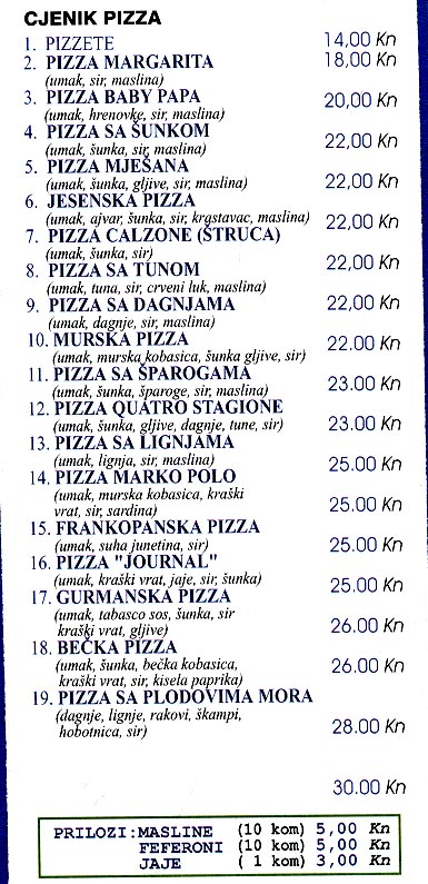 Pizza menu--food choices 