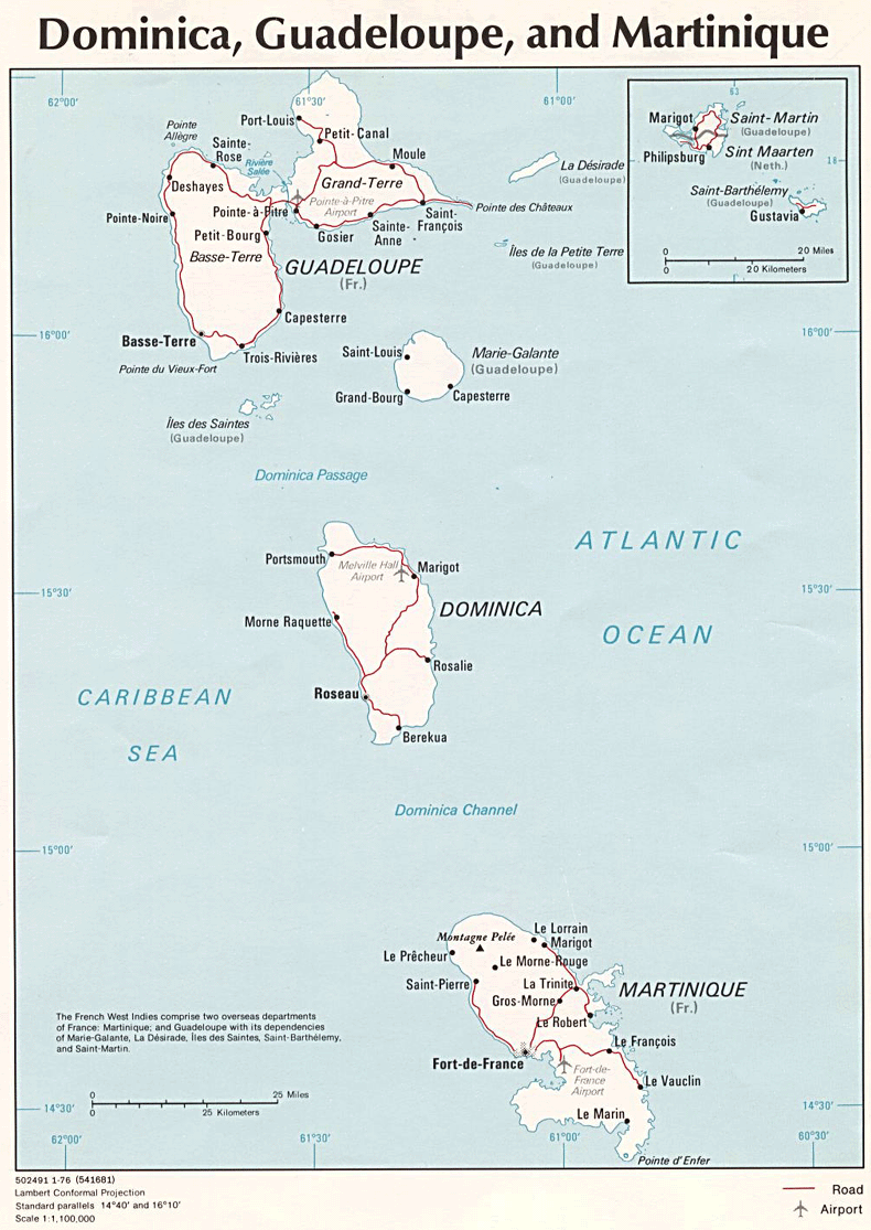 Map of Martinique as well as Guadeloupe and Dominica
