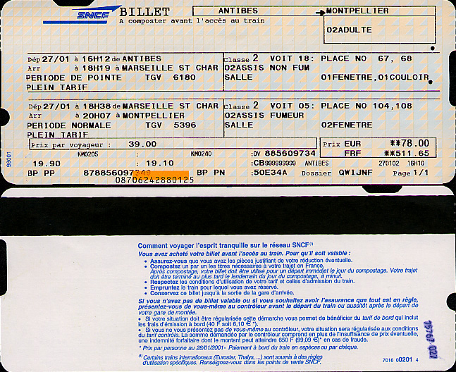 Train ticket front and back