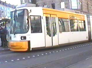 A close-up of the tram