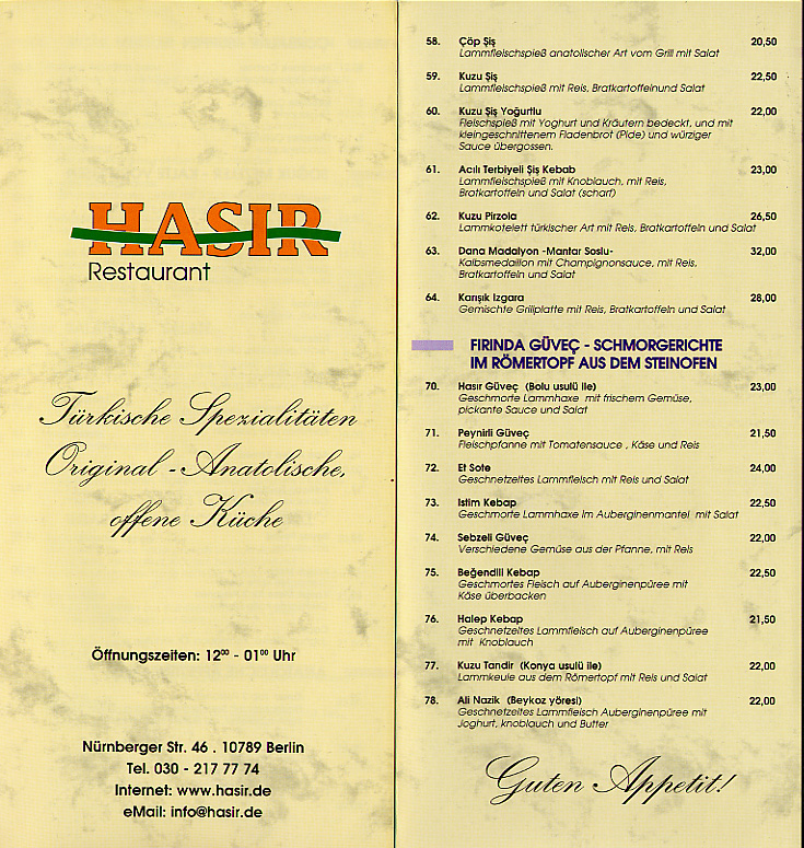 First page of a Turkish Restaurant menu