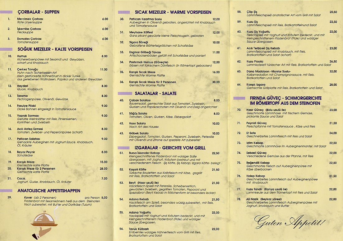 Second page of a Turkish Restaurant menu