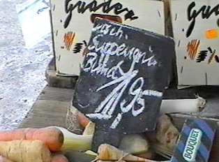 Price signs for 'greens for soup'