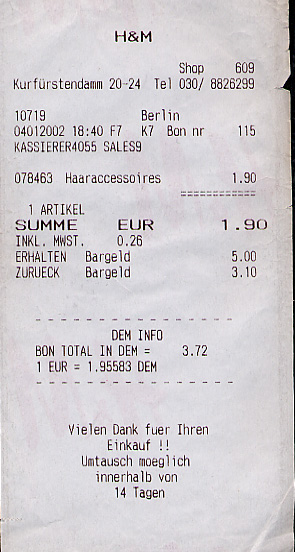 Clothing store receipt