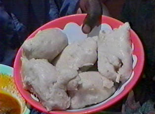 A close up of a portion of banku