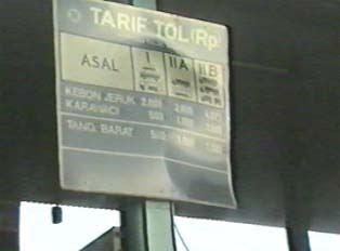 Highway toll sign listing prices in rupiah
