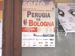 Placard advertising a soccer game between Bologna and Perugia