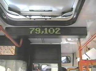 Sign inside bus indicating the route numbers for connections at the next stop