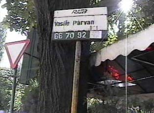 Trolley stop sign indicating the name of the station