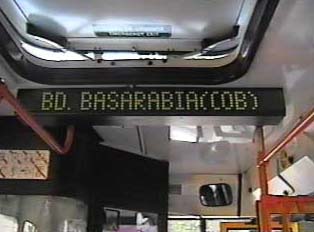 Sign inside bus indicating bus destination