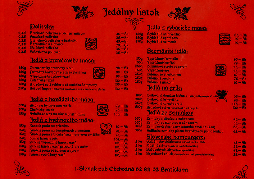 A menu from a traditional Slovak restaurant