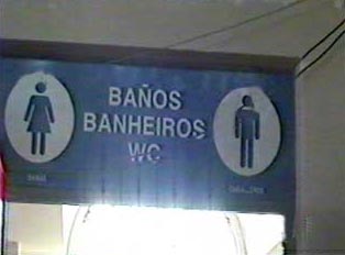 A restroom sign