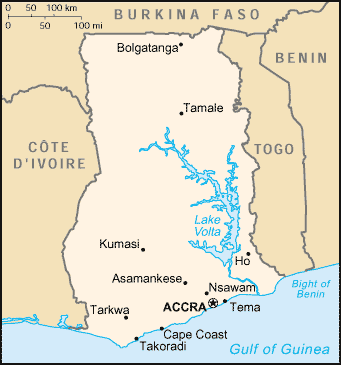 A map of Ghana, with a star on the city of Accra
