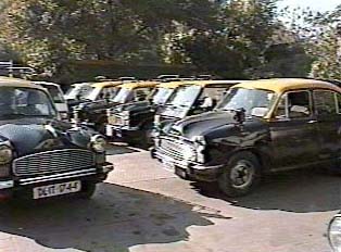 Several yellow and black taxis parked in a parking lot