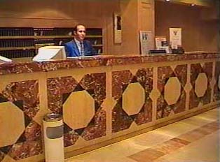 A geometrically decorated hotel counter