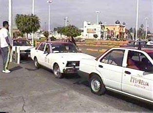 A line of white and red taxis parked along the side of the road