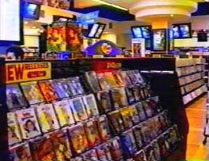 Shelves with DVDs on display inside a movie store