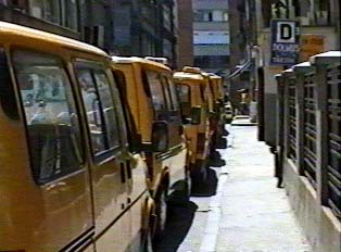 A line of yellow dolmus minibuses